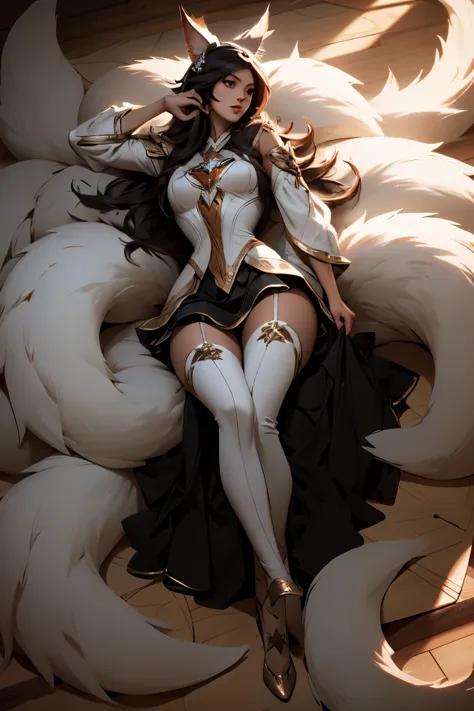 ahri league of legends, nine fox tails, star guardian costume, fully body, super detaill, high resolution, 8k, overview, on a su...