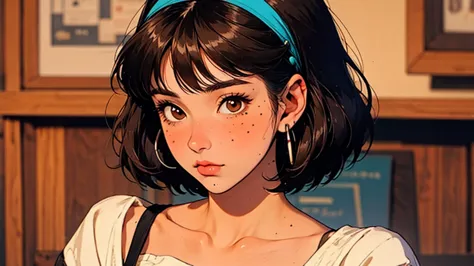 retro, 1girl, bangs, blush, bob cut, brown eyes, brown hair, clock, closed mouth, collarbone, earphones, earrings, hairband, jew...