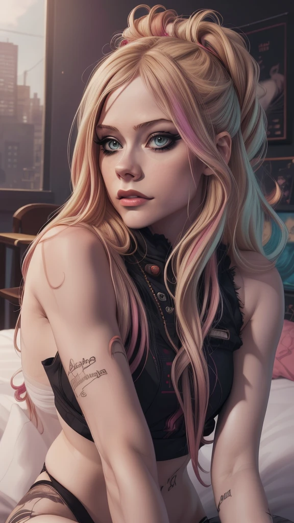 (artwork, Maximum quality, Best Quality, official art, beautiful and aesthetic:1.2), (1 girl:1.4), extremely detailed, , singer, Avril Lavigne, crazy hair, make up