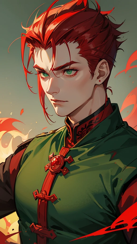 vampyre. Cao Cao. stark. Youngh. naughty man. brawny. . Stately. green eyes. Blood red hair. Medium Mohawk Hairstyle with Shaved Sides. Russian Empire General&#39;s Outfit.