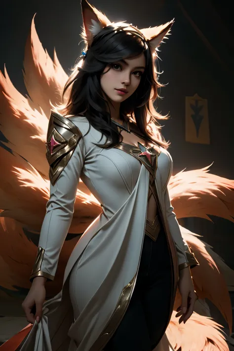 ahri league of legends, nine red tipped fox tails, standing, face detailed, star guardian costume, fully body, super detaill, hi...