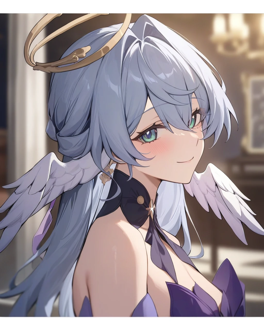 masterpiece,best quality,robin_(honkai:_star_rail), head_wings, angel, virtual_youtuber, 1girl, white_wings, looking_at_viewer, halo, wings, upper_body, solo, from_side, blurry_background, closed_mouth, dress, bare_shoulders, smile,I look at the floor and see the soles of my shoes,