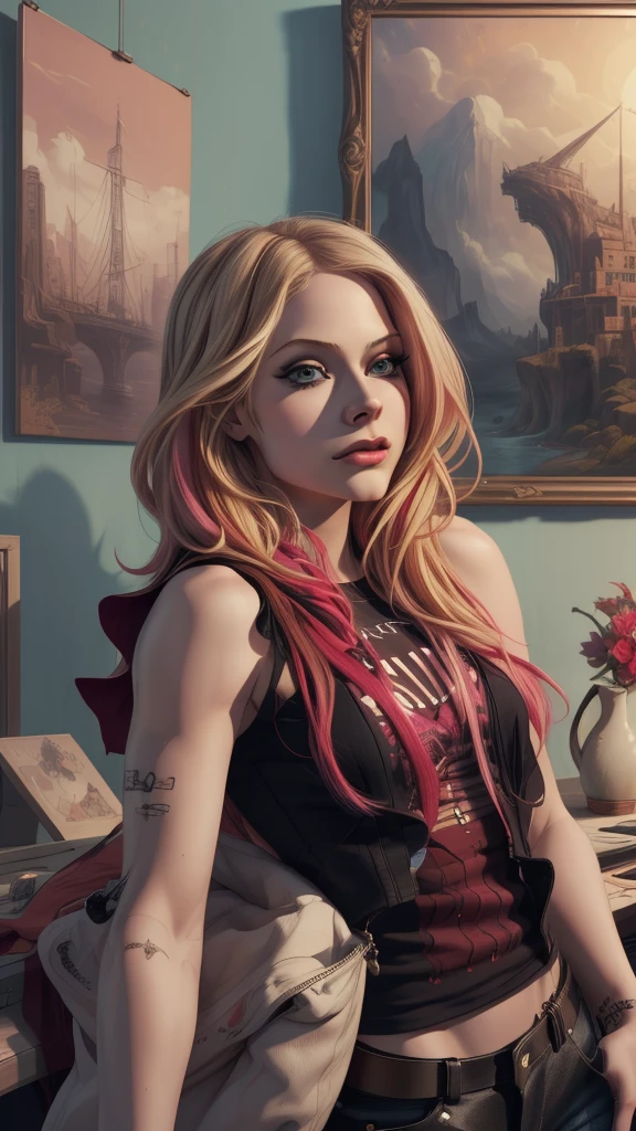 (artwork, Maximum quality, Best Quality, official art, beautiful and aesthetic:1.2), (1 girl:1.4), extremely detailed, , singer, Avril Lavigne