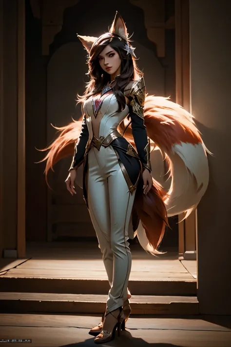 ahri league of legends, nine red tipped fox tails, standing, face detailed, star guardian costume, fully body, super detaill, hi...