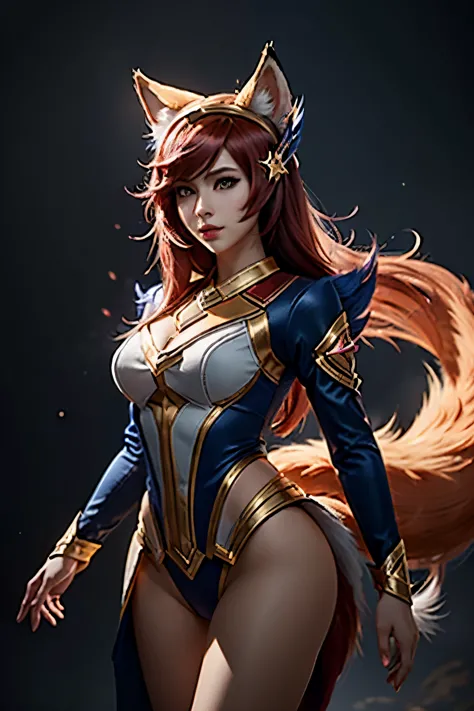 ahri league of legends, nine red tipped fox tails, standing, face detailed, star guardian costume, fully body, super detaill, hi...