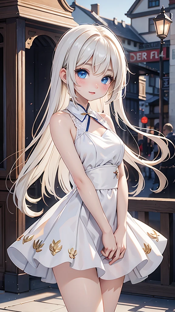 Late 20s European woman、Anime-style illustrations。Short stature with a youthful appearance、Fair skin。Short stature with a youthful appearance、Long, bright golden-white hair、Big Blue Eyes。Delicate and slender figure。Wearing a fairy-like elegant dress。Cute expressions and gestures。The background is a European city。Overall delicate and dreamy atmosphere。High-quality digital art。