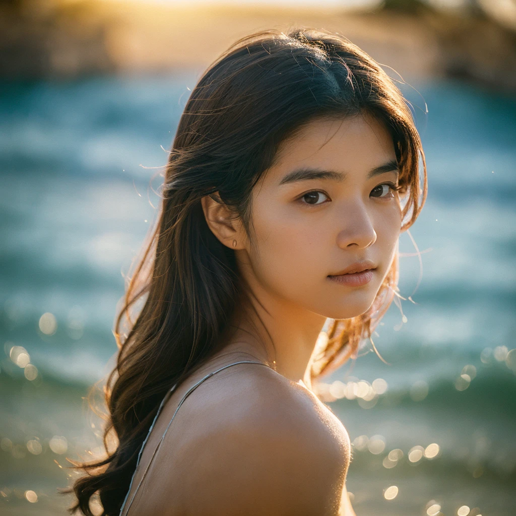 A hyper-realistic image of a single Japanese woman in her early 20s, captured with the nostalgic warmth and pronounced graininess of a film camera, showing her from the shoulders up as she stands on a sunlit beach. Her skin has a warm beige tone with a natural, visibly rough texture that includes pronounced pores, fine lines, and subtle imperfections such as small blemishes, slight unevenness, and a hint of sun exposure, contributing to the authenticity of her appearance. The texture of her skin is intentionally less smooth, with a tangible roughness that enhances the realism, making the surface appear slightly weathered by the elements. The soft, diffused natural light illuminates her face and shoulders with a gentle touch, casting shadows that subtly reveal the unevenness of her skin. Her straight, glossy black hair flows naturally in the ocean breeze, framing her face, and her deep brown eyes reflect the soft sunlight and the shimmering sea. The film camera effect amplifies the grain and texture, creating a warm, nostalgic atmosphere while maintaining the deliberately rougher, less polished texture of her skin. The composition, focused on her upper body, captures the serene elegance of the beach setting, highlighting the natural interaction of light and shadow on her skin. This combination of a rough, realistic skin texture, soft natural light, and the grainy film-like qualities ensures that the image presents an authentic, lifelike portrayal of the woman, centered on her face and shoulders.