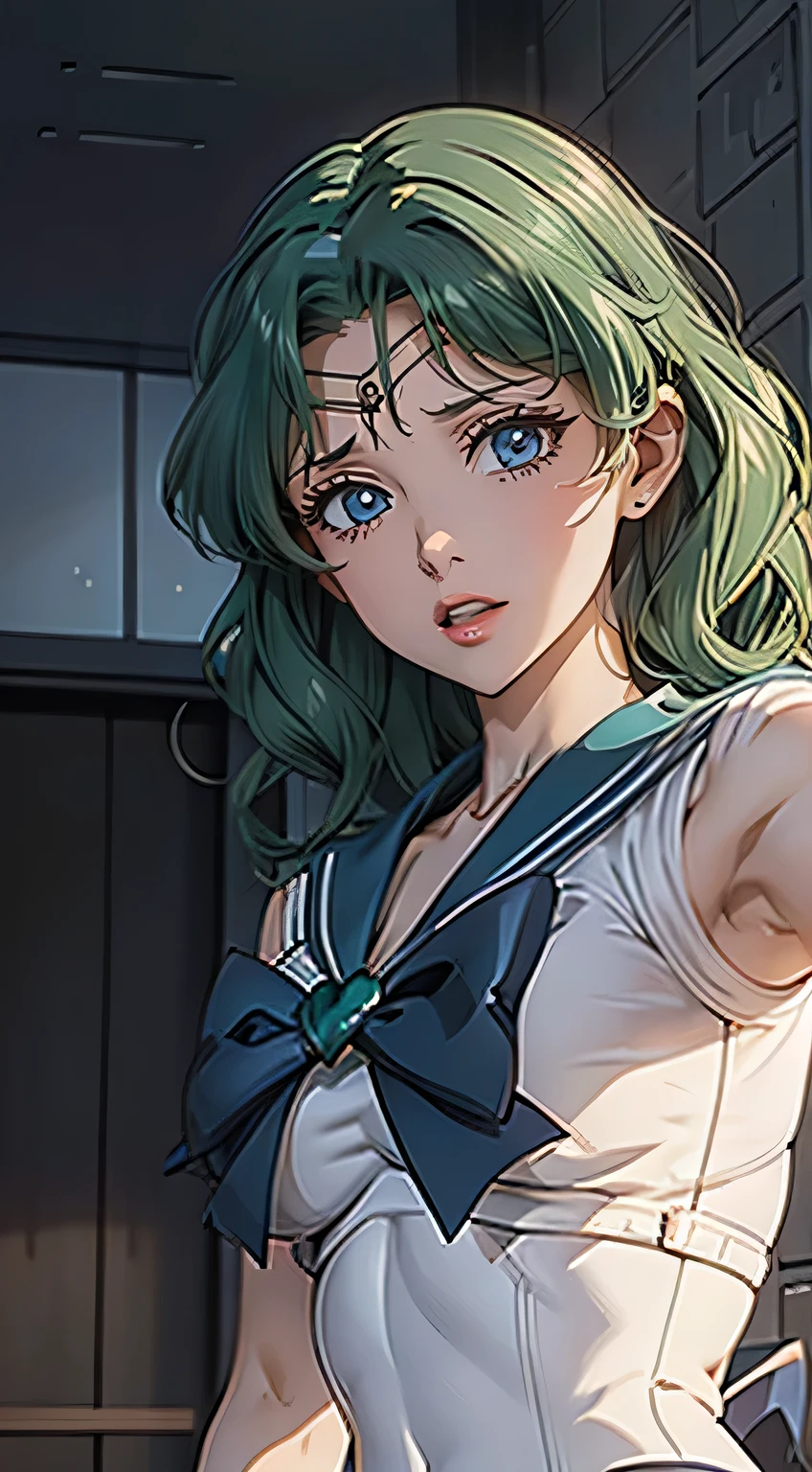 masterpiece, Highest quality, Absurd, Perfect Anatomy, One person,chest,gloves,lips,alone, Sailor Neptune,tiara,Sailor Warrior Uniform,masterpiece,Absurd,Cowboy Shot, Dynamic posture, The background is space (Amazing details, Excellent lighting, Wide-angle), One person,((Big Breasts)),((手でchestを隠す)),((naked))