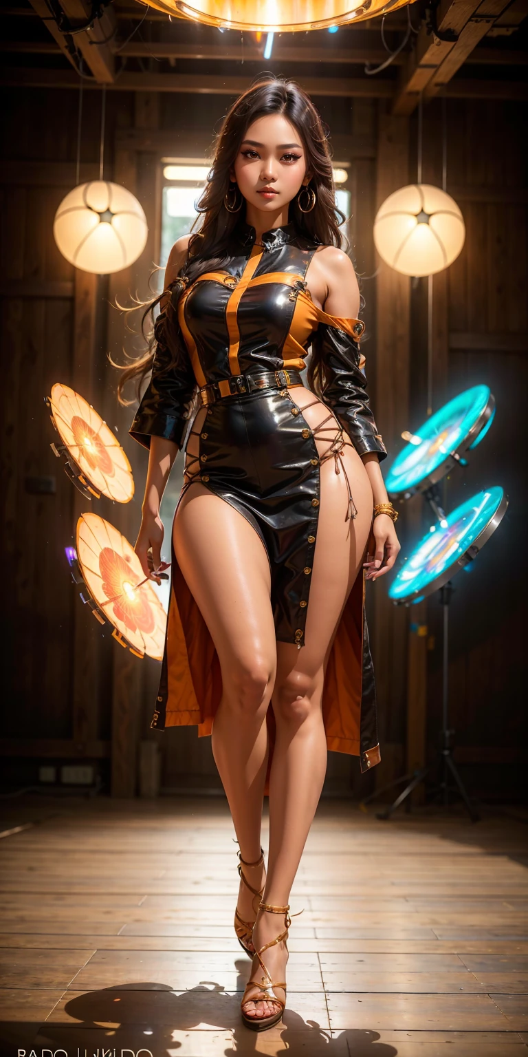 Indonesian woman, brown skin, solo, long_hair, shirt, dress, high_heels, (thicc:0.9), full_body, look_at_viewer, (8k, RAW photo, best quality, mastery:1.2), (realistic, photo-realistic:1.37), professional lighting, photon mapping, light energy transfer, physically based rendering,