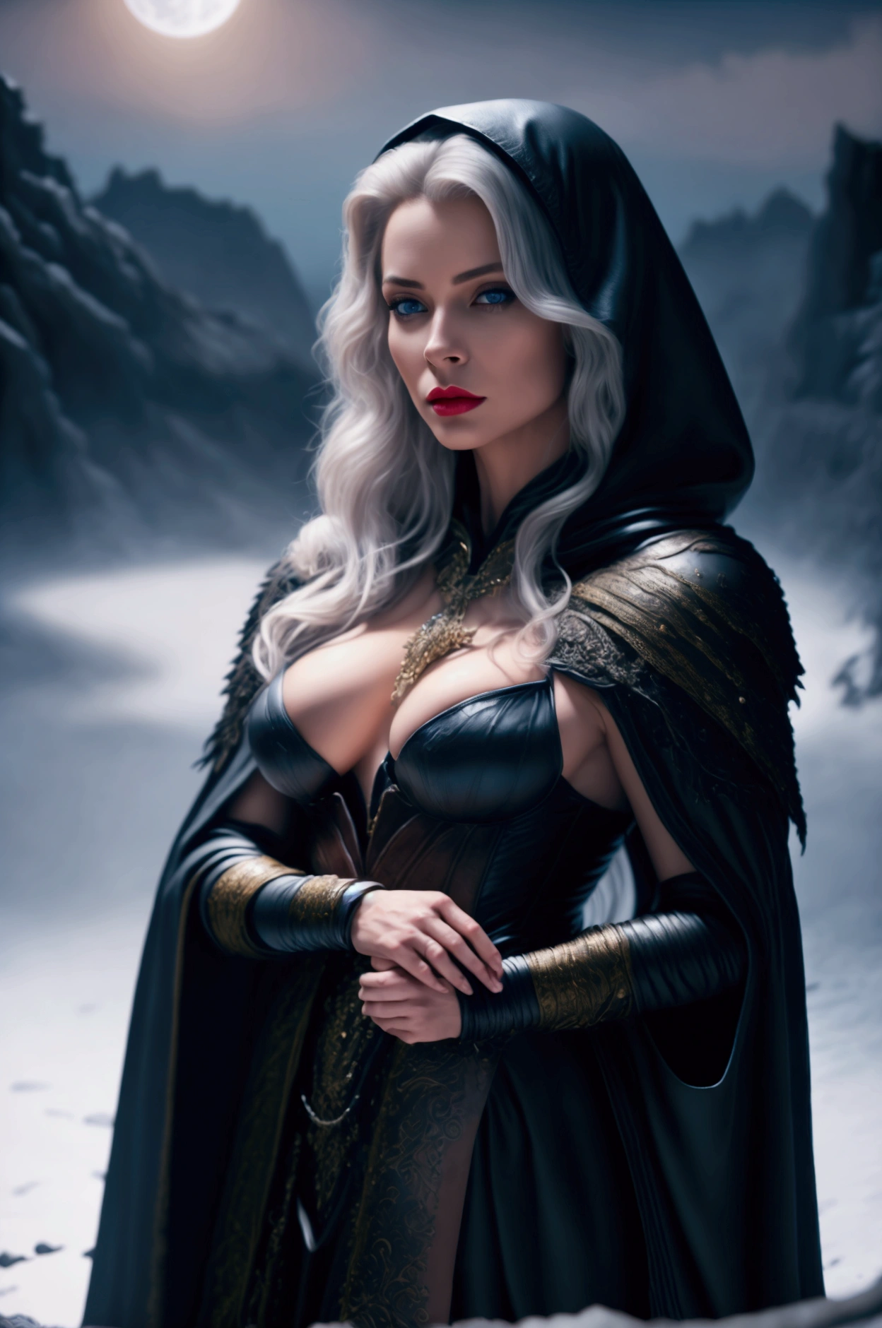 portrait of a woman, illustration, nsfw, fantasy, (masterpiece, best quality:1.3), (highly detailed:1.5), UHD, 8K, beautiful, jawline, cheekbones, (red lips, blue eyes), white hair, long hair, collarbone, medium breasts, leather cloak, black cloak, hooded, looking at viewer, snowy fields, moon, (amazing background), moonlight, backlighting, diffused light, soft focus, (depth of field)