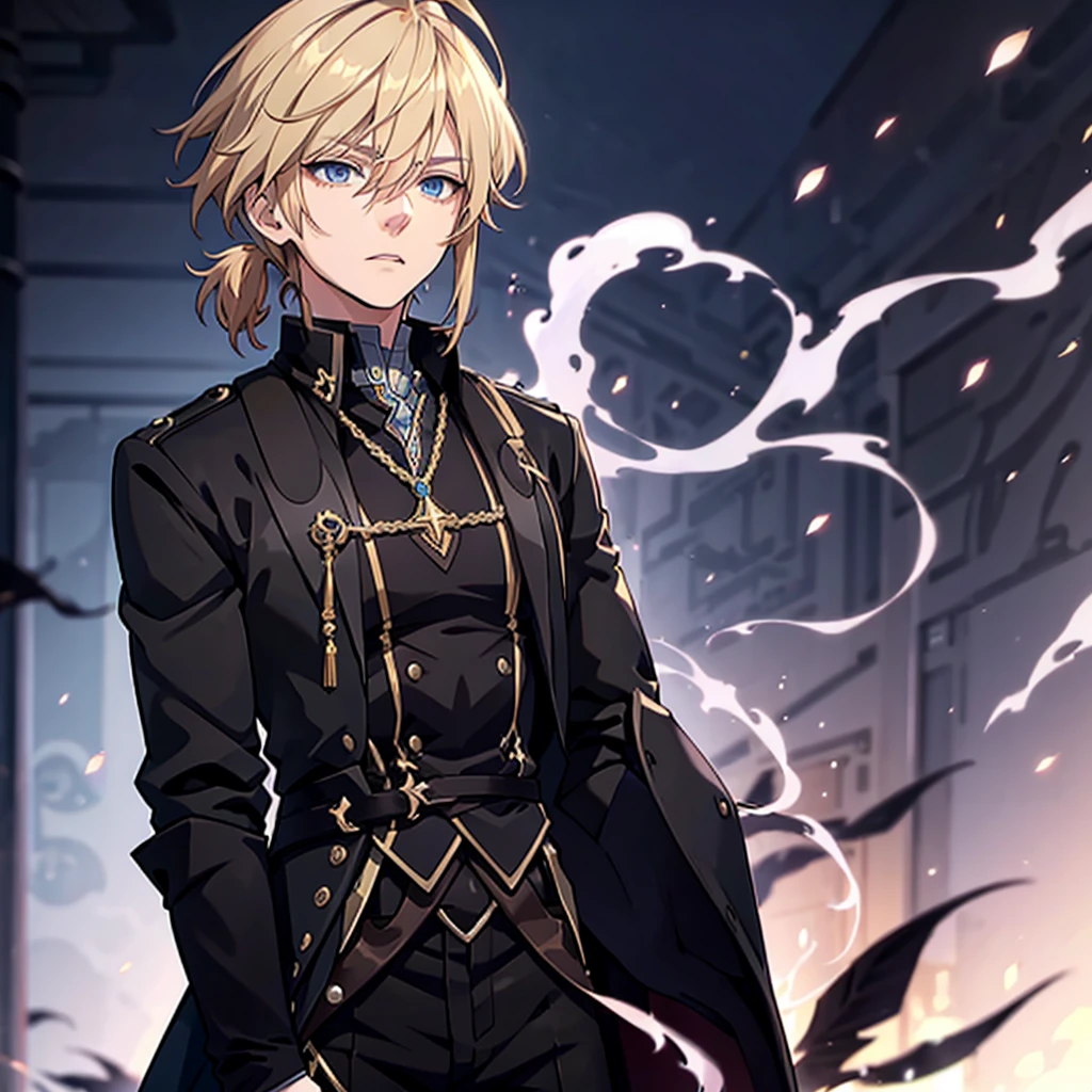 Anime attractive man, 20 year old, blonde hair, very very short ponytail, tall, muscular, solo, one person, light blue gold-accented, high-collared dress shirt, black choker, dark blazer with gold lining and buttons unbuttoned, long dark overcoat with a fur trim, rolled up sleeves, rolled up sleeves, rolled up sleeves, rolled up sleeves.