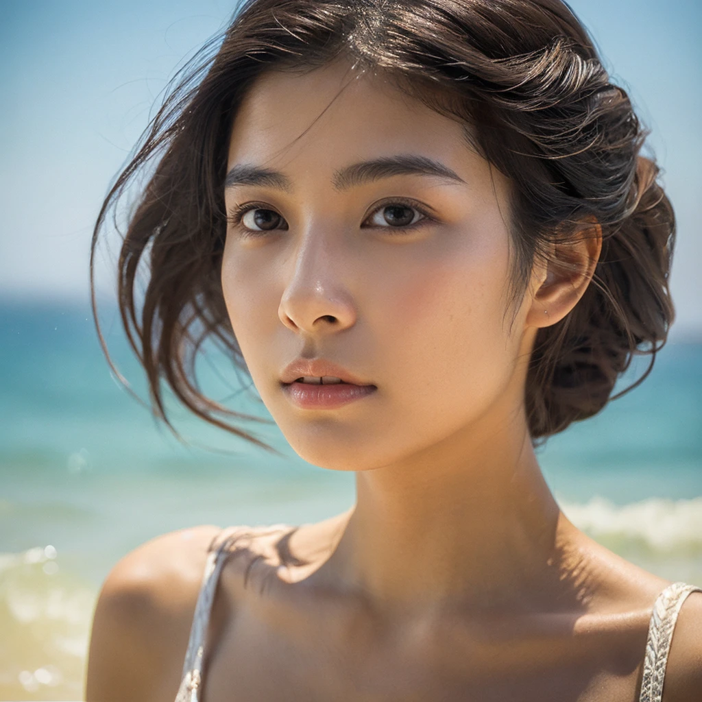 A hyper-realistic image of a single Japanese woman in her early 20s, captured with the nostalgic warmth and pronounced graininess of a film camera, showing her from the shoulders up as she stands on a sunlit beach. Her skin has a warm beige tone with a natural, visibly rough texture that includes pronounced pores, fine lines, and subtle imperfections such as small blemishes, slight unevenness, and a hint of sun exposure, contributing to the authenticity of her appearance. The texture of her skin is intentionally less smooth, with a tangible roughness that enhances the realism, making the surface appear slightly weathered by the elements. The soft, diffused natural light illuminates her face and shoulders with a gentle touch, casting shadows that subtly reveal the unevenness of her skin. Her straight, glossy black hair flows naturally in the ocean breeze, framing her face, and her deep brown eyes reflect the soft sunlight and the shimmering sea. The film camera effect amplifies the grain and texture, creating a warm, nostalgic atmosphere while maintaining the deliberately rougher, less polished texture of her skin. The composition, focused on her upper body, captures the serene elegance of the beach setting, highlighting the natural interaction of light and shadow on her skin. This combination of a rough, realistic skin texture, soft natural light, and the grainy film-like qualities ensures that the image presents an authentic, lifelike portrayal of the woman, centered on her face and shoulders.