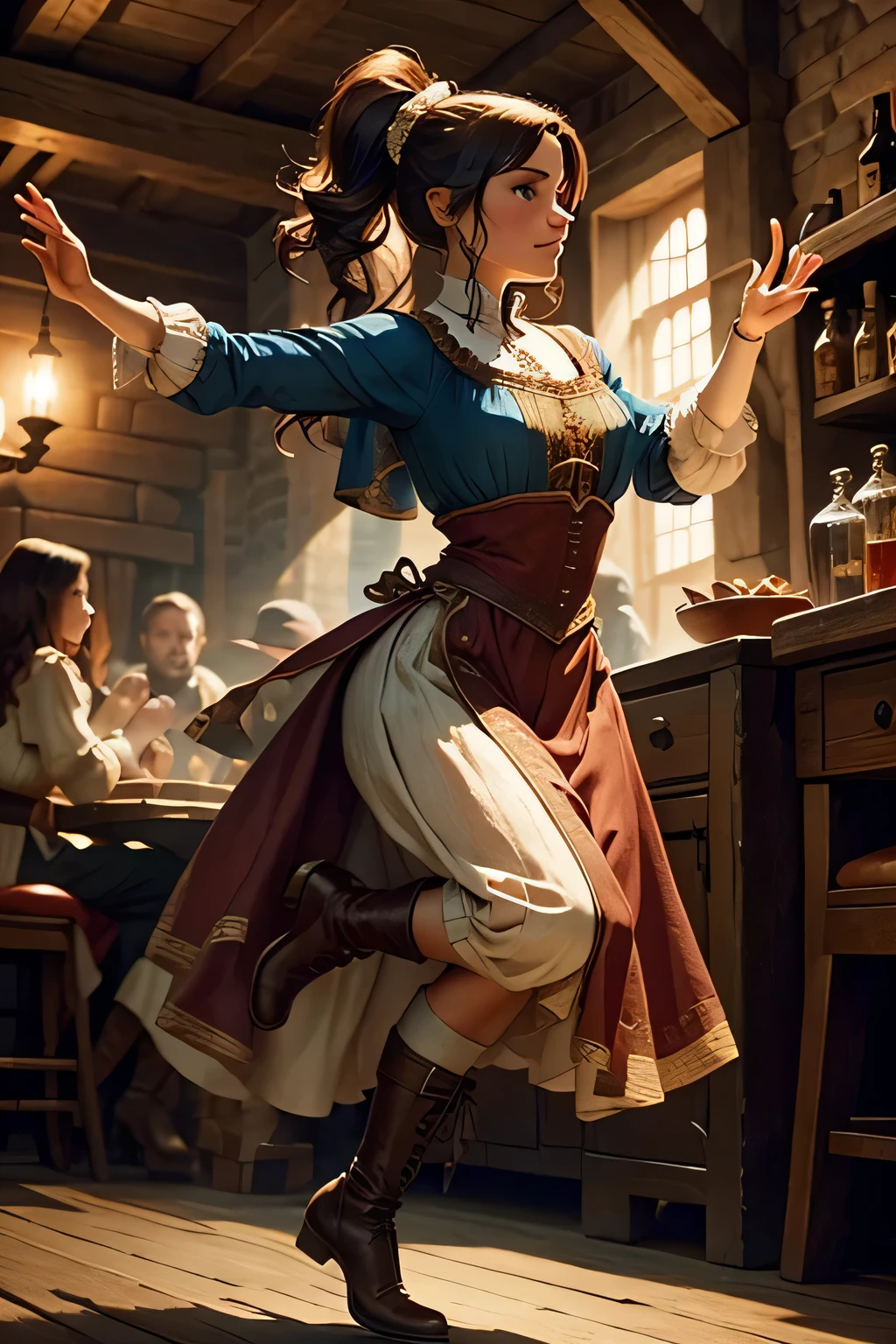 a woman wearing medieval clothes dancing in a tavern wearing boots, tap dancing