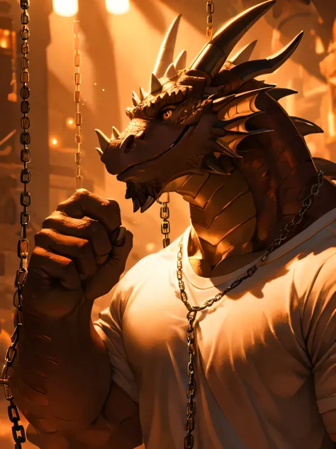 (tall) (dragon:1.1), (white t-shirt), (chain), (detailed eyes), (detailed lips), (strong pose), [background:0.9], (best quality:...