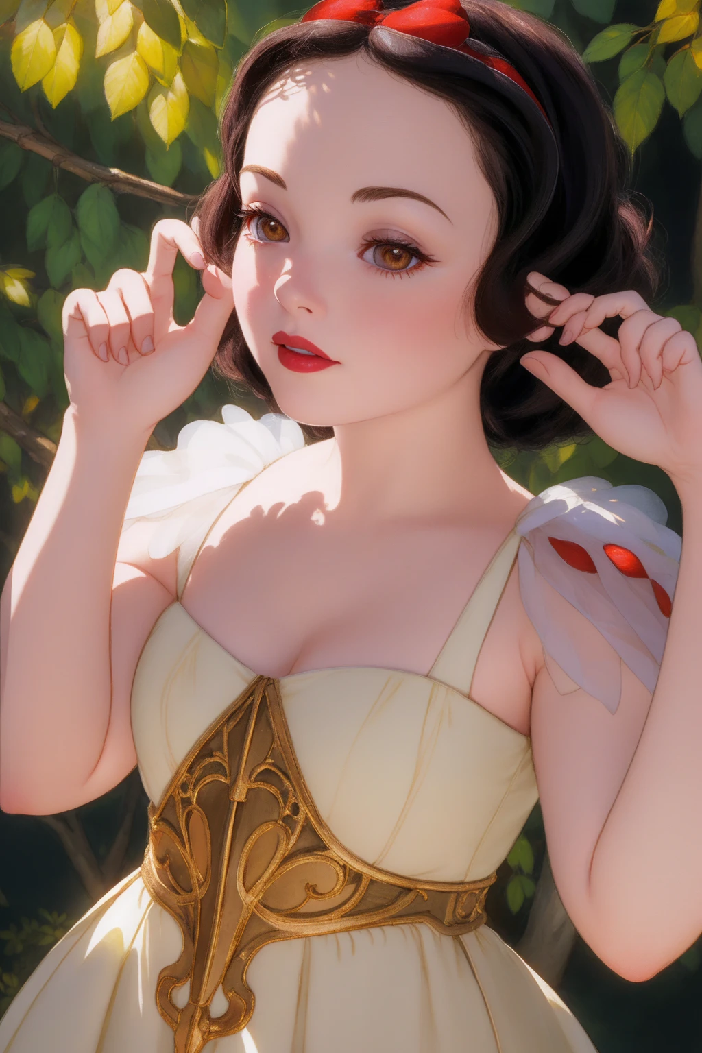 (best quality,4k,8k,highres,masterpiece:1.2),ultra-detailed,(realistic,photorealistic,photo-realistic:1.37),Snow White,beautiful detailed eyes,beautiful detailed lips,extremely detailed eyes and face,longeyelashes,beautiful young woman,porcelain skin,rosy cheeks,intricate dress,medieval fantasy,medieval castle,lush forest,sunlight filtering through trees,warm color palette,dramatic lighting,cinematic composition