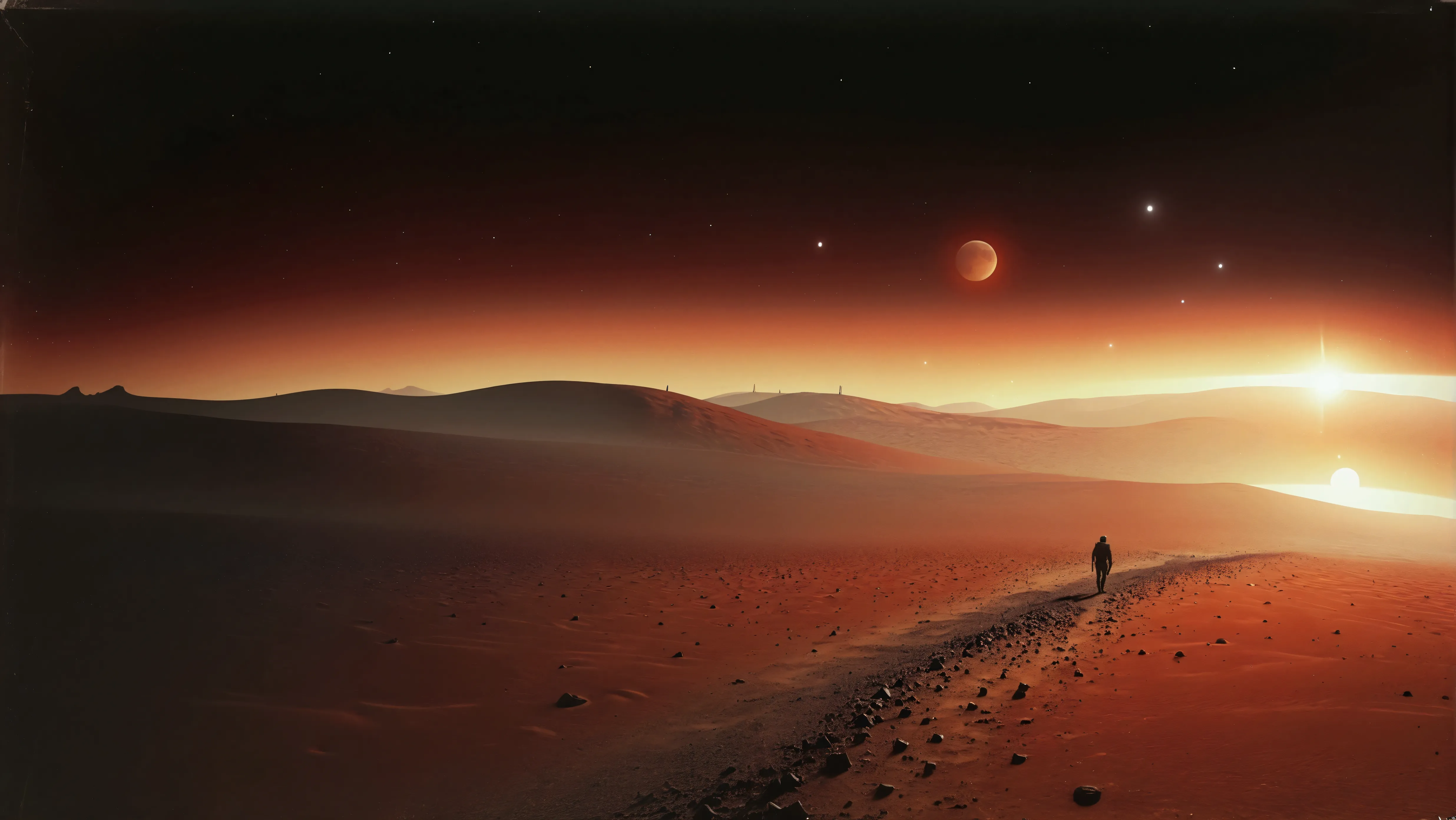 there is a lone person walking on a desert area with a large moon in the distance, eclipse of aurora on mars, mars landscape, su...