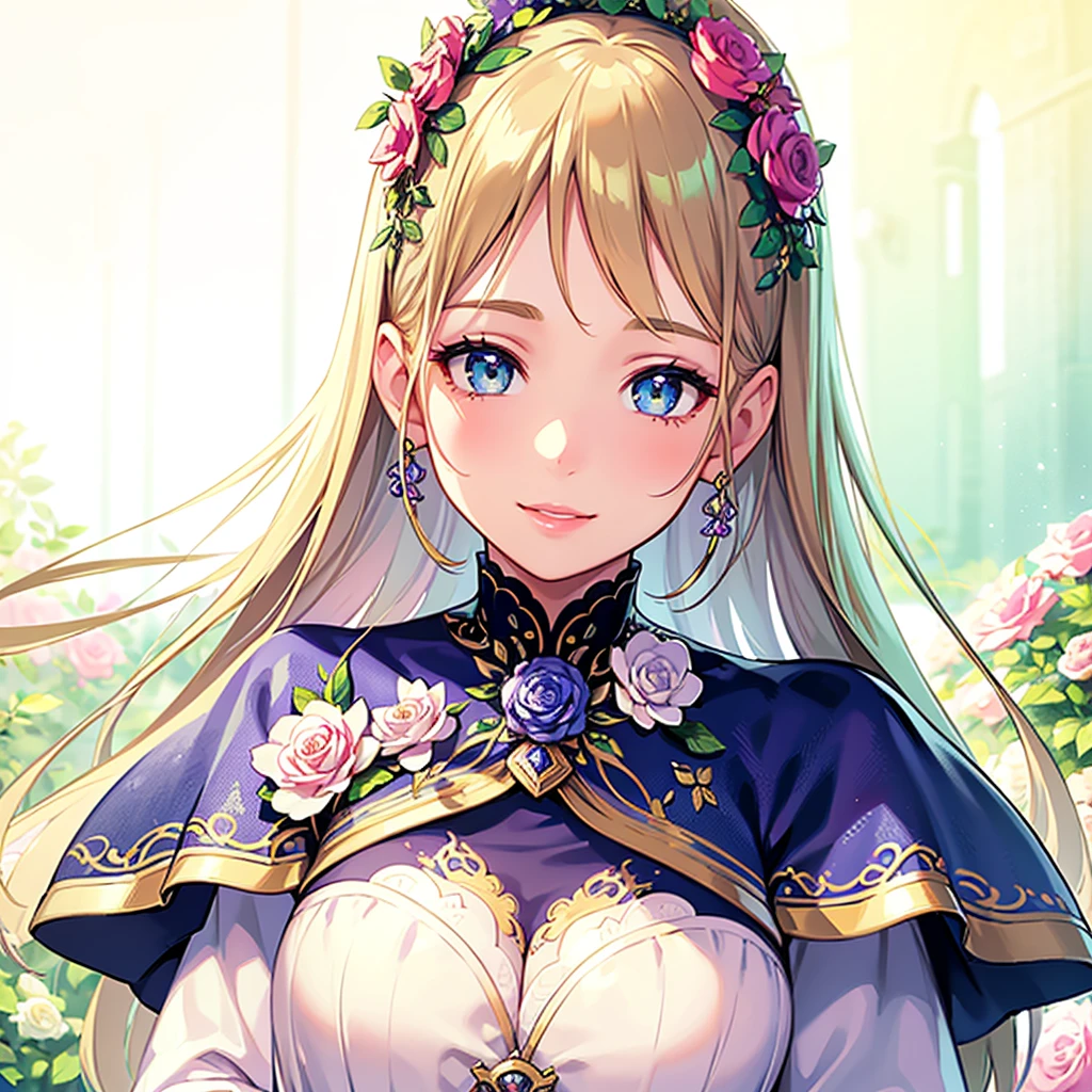 intricate detailed girl in a lush garden, beautiful detailed eyes, beautiful detailed lips, extremely detailed face and eyes, long eyelashes, elegant floral dress, holding a large bouquet of flowers, smiling, starry night sky, detailed background, 8k, extremely detailed, highly detailed, masterpiece, photorealistic, vibrant colors, dramatic lighting, fantasy, magical, dreamy