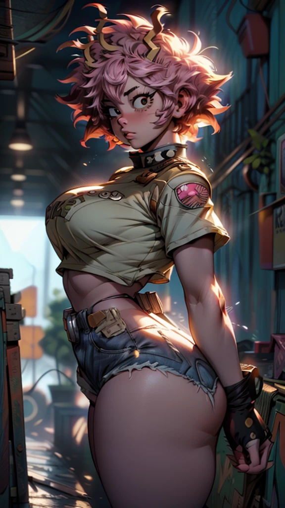 ((Masterpiece:1.5, best quality)), ((Mina Ashido from My Hero Academia)), beautiful face, (voluptuous), large_breast, ample hips, flaunting her incredibly detailed accentuated big booty, wearing cropped t-shirt and daisy dukes, thick_thighs, breathtaking detail, RAW photo color, cinematic lighting, 8k uhd, dslr, 