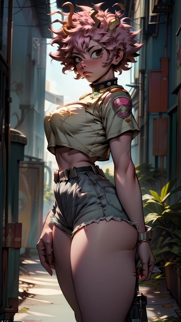 ((Masterpiece:1.5, best quality)), ((Mina Ashido from My Hero Academia)), beautiful face, (voluptuous), large_breast, ample hips, flaunting her incredibly detailed accentuated big booty, wearing cropped t-shirt and daisy dukes, thick_thighs, breathtaking detail, RAW photo color, cinematic lighting, 8k uhd, dslr, 