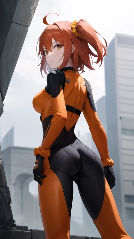 masterpiece, best quality, highres, aaritsuka, short hair, ahoge, hair scrunchie, orange scrunchie, medium breasts,  (orange bodysuit:1.2), black gloves, ruins, standing, ass, from behind, looking at viewer,