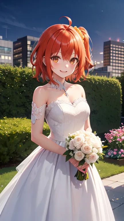 masterpiece, best quality, highres, aaritsuka, short hair, ahoge, hair scrunchie, orange scrunchie, smile, city, garden, wedding...