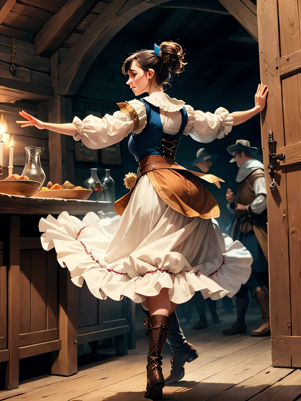 a woman wearing medieval clothes dancing in a tavern wearing boots, tap dancing