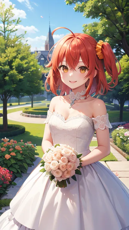 masterpiece, best quality, highres, aaritsuka, short hair, ahoge, hair scrunchie, orange scrunchie, smile, city, garden, wedding...