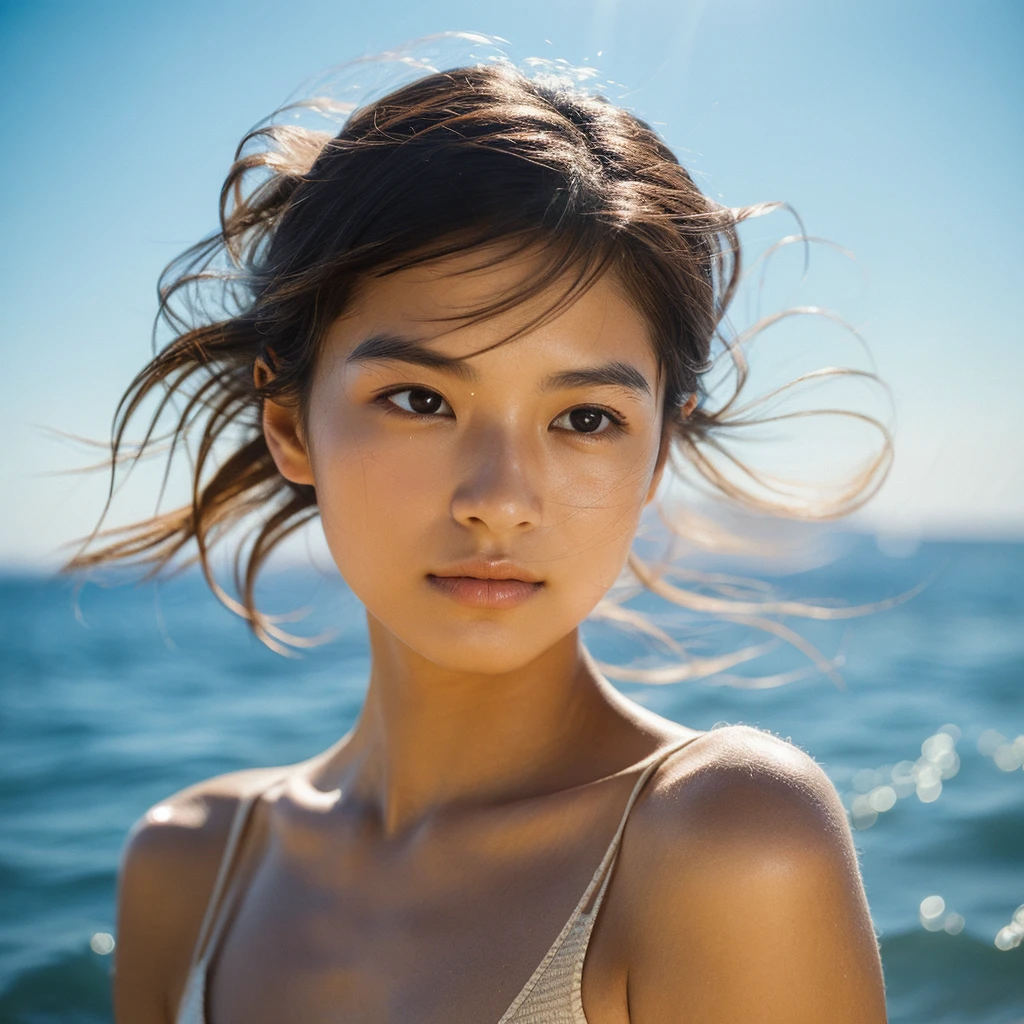 A hyper-realistic image of a single Japanese woman in her early 20s, captured with the nostalgic warmth and pronounced graininess of a film camera, showing her from the shoulders up as she stands on a sunlit beach. Her skin has a warm beige tone with a natural, visibly rough texture that includes pronounced pores, fine lines, and subtle imperfections such as small blemishes, slight unevenness, and a hint of sun exposure, contributing to the authenticity of her appearance. The texture of her skin is intentionally less smooth, with a tangible roughness that enhances the realism, making the surface appear slightly weathered by the elements. The soft, diffused natural light illuminates her face and shoulders with a gentle touch, casting shadows that subtly reveal the unevenness of her skin. Her straight, glossy black hair flows naturally in the ocean breeze, framing her face, and her deep brown eyes reflect the soft sunlight and the shimmering sea. The film camera effect amplifies the grain and texture, creating a warm, nostalgic atmosphere while maintaining the deliberately rougher, less polished texture of her skin. The composition, focused on her upper body, captures the serene elegance of the beach setting, highlighting the natural interaction of light and shadow on her skin. This combination of a rough, realistic skin texture, soft natural light, and the grainy film-like qualities ensures that the image presents an authentic, lifelike portrayal of the woman, centered on her face and shoulders.