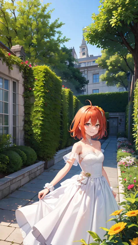 masterpiece, best quality, highres, aaritsuka, short hair, ahoge, hair scrunchie, orange scrunchie, smile, city, garden, wedding...