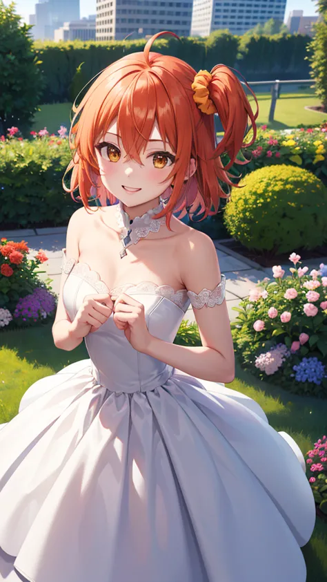 masterpiece, best quality, highres, aaritsuka, short hair, ahoge, hair scrunchie, orange scrunchie, smile, city, garden, wedding...