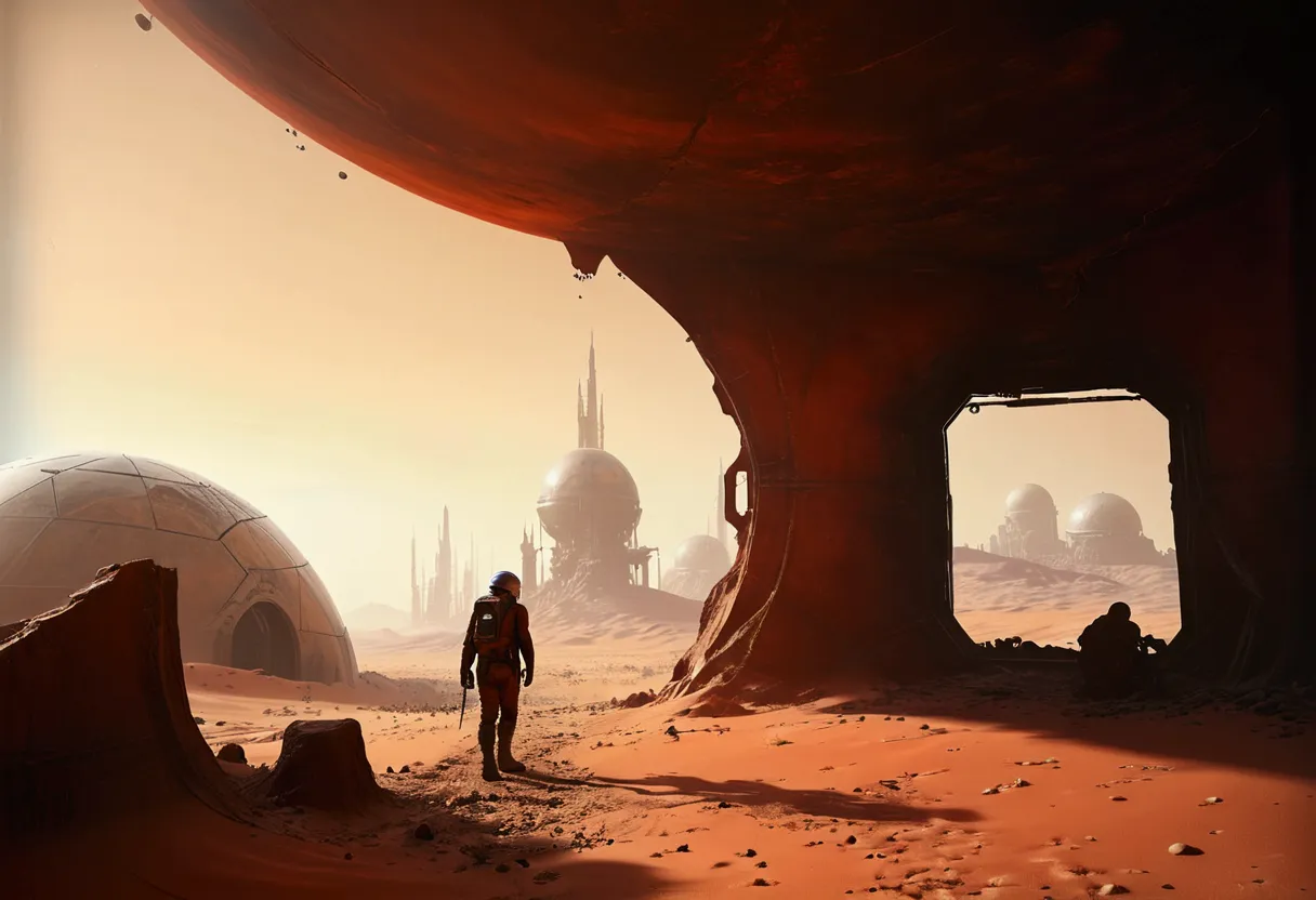 a man in a helmet walks through a desert area with a giant dome, martian city, inspired by martin deschambault, dan mcpharlin, a...