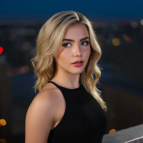 a captivating photo of a blonde woman in a black crop top exudes sexiness against the backdrop of a bustling city. the image sho...