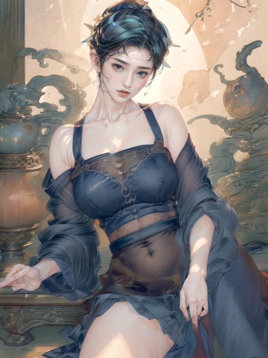 (Highest quality、4K、8k、High resolution、masterpiece: 1.2)、Very detailed、(Genuine、photoGenuineistic: 1.37)、Anime Style、high intensity lighting、wide々garden、Dark blue short hair、Rosy Cheeks、Hard, Round Hips、Curvy Hips、Thin lips、How to sit。