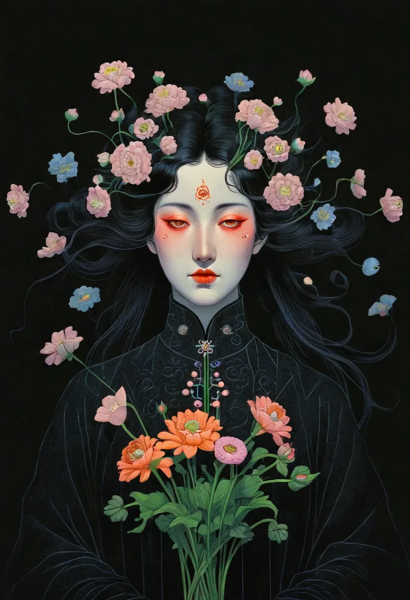 portrait of a woman with a bouquet of flowers, the art of math by yu zhiding, tumblr, the art of math, art deco flower wizard, f...