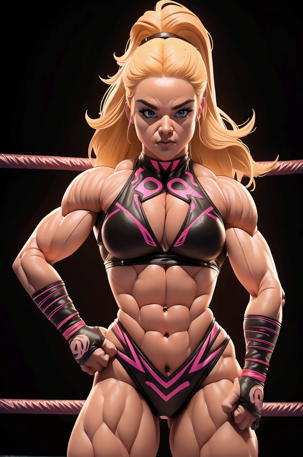 athletic muscular sexy female wrestler, beautiful, detailed face and body, blonde hair, full body, wrestling ring, wwe logo, dra...