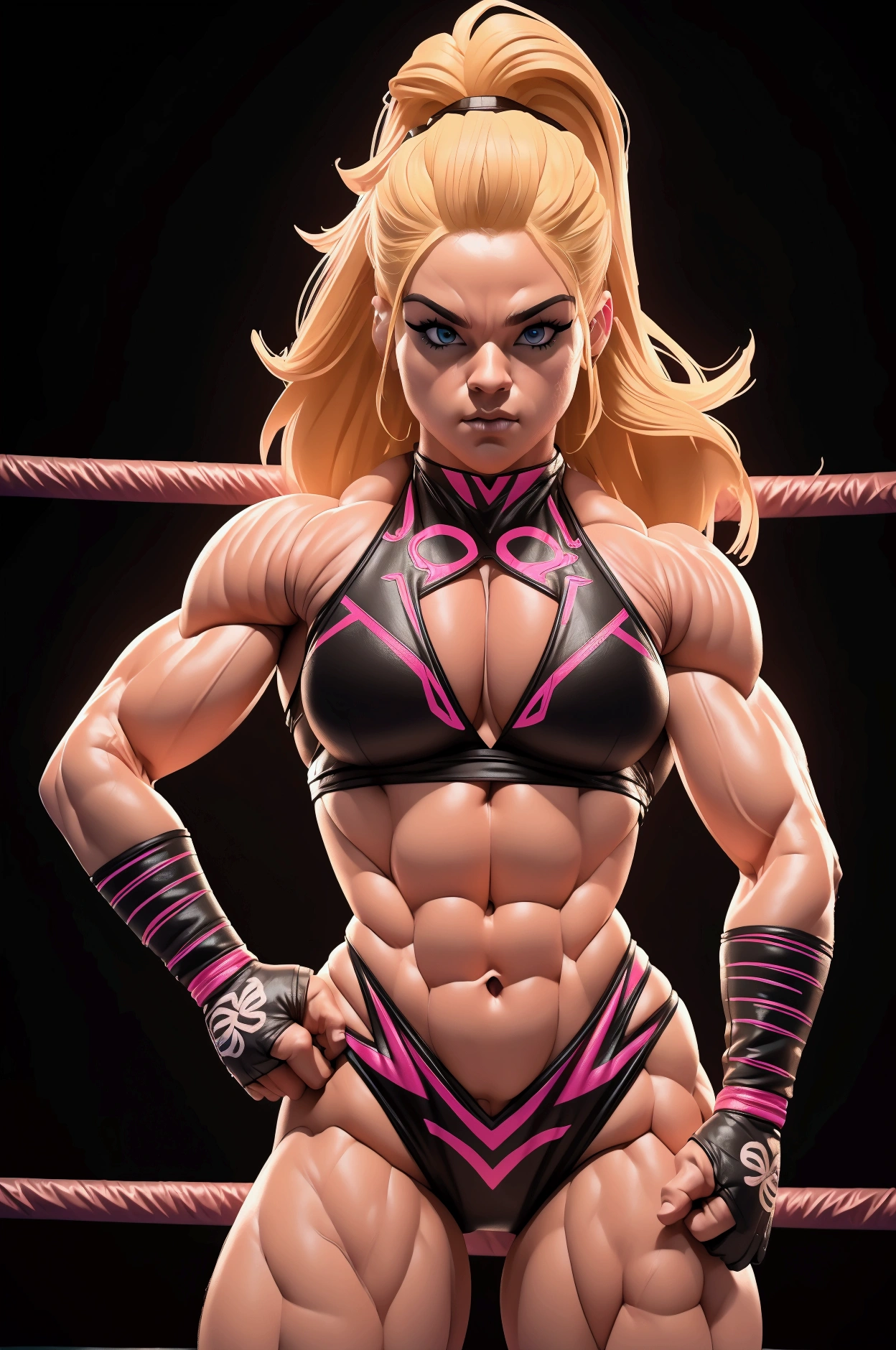 athletic muscular sexy female wrestler, beautiful, detailed face and body, blonde hair, full body, wrestling ring, wwe logo, dramatic lighting, neon glow effects, high contrast, cinematic, dynamic pose, action, (best quality,4k,8k,highres,masterpiece:1.2),ultra-detailed,