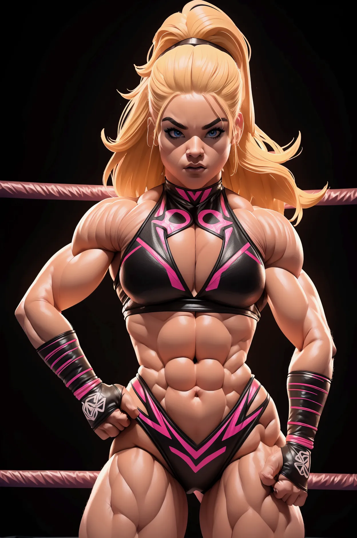 athletic muscular sexy female wrestler, beautiful, detailed face and body, blonde hair, full body, wrestling ring, wwe logo, dra...