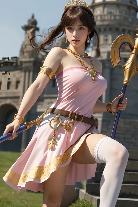 masterpiece, highest quality, high resolution, hmpa1, pink, parted bangs, battle tiara, large breasts, golden necklace, exposing...