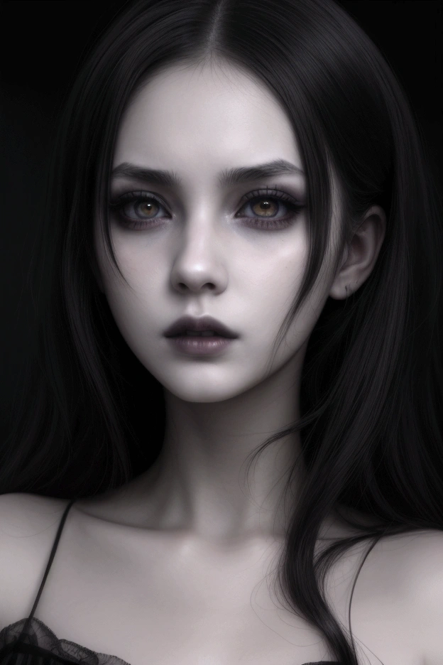 a dark anime girl, beautiful detailed eyes, beautiful detailed lips, extremely detailed face and expression, long dark hair, pale skin, gothic fashion, black dress, dark eyeshadow, moody atmosphere, dramatic lighting, dark fantasy, cinematic, dramatic colors, chiaroscuro, dark and moody, dramatic shadows, muted tones, high contrast, dramatic composition, masterpiece
