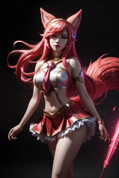 ahri league of legends, nine red tipped fox tails, standing, face detailed, star guardian costume, short skirt, fully body, supe...