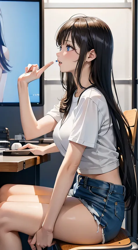 (side view), the girl  with long black hair, (ample breasts), wearing a white t-shirt and denim shorts, sitting on a chair in a ...