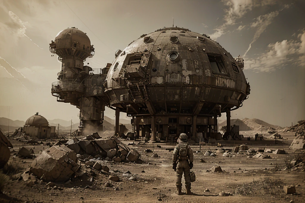 An abandoned space station on the barren surface of Mars, silently standing as a testament to humanity's once-thriving ambition to colonize the red planet. The station, a relic of the early 23rd century, is composed of a series of interconnected, geodesic domes, their once gleaming titanium exteriors now tarnished by a thick layer of rust-colored dust. The main dome, with its collapsed entrance, reveals a glimpse of the desolate interior where dormant machinery and skeletal structures cast long shadows in the dim light that filters through the cracks. The dusty, red landscape stretches out infinitely around the station, punctuated by a few lonely rocks and the distant silhouette of a dormant rover. The sky is a deep, burnt orange, with a faint dust storm approaching from the horizon, hinting at the harsh conditions that led to the evacuation. The image is suffused with a sense of isolation and the inevitable march of time, with the crimson dust slowly reclaiming the human artifact, while the solitary figure of a space-suited astronaut, frozen in the foreground, serves as a haunting reminder of the inhabitants who once called this place home.