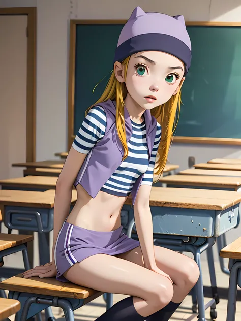 (masterpiece, best quality), 1girl, izumi orimoto, indoors, classroom, green eyes, blonde hair, long hair, purple beanie, purple...