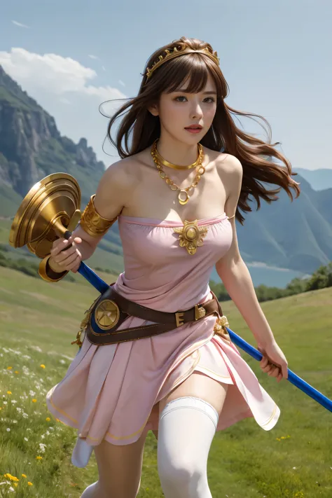 masterpiece, highest quality, high resolution, hmpa1, pink, parted bangs, battle tiara, large breasts, golden necklace, exposing...