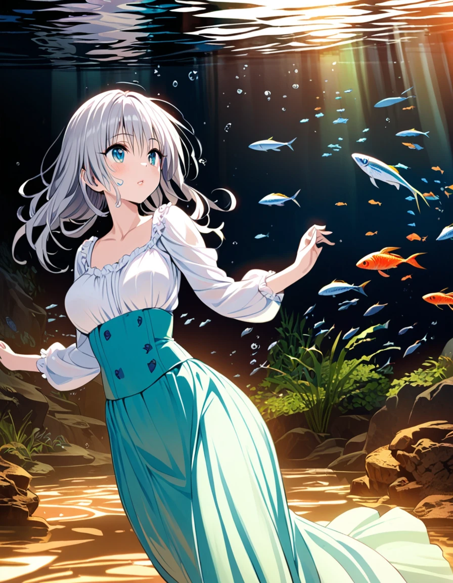 masterpiece, high quality illustration, 16k resolution, detailed, delicate, manga style, Kentaro Yabuki inspired, aquarium date, large tanks, clear water, vibrant fish, swimming near glass, serene underwater scene, silver-haired girl, fine strands,  frame, elegant posture, modest blouse, long skirt, slim waist, graceful curves, smooth white skin, captivating eyes, intricate facial features, delicate lips, gentle expression, amazement, joy, gazing at fish, third-person perspective, enchanting atmosphere, artistic depth, subtle lighting, glass reflections, soft ambient light, mesmerizing scene, immersive background, emotional depth