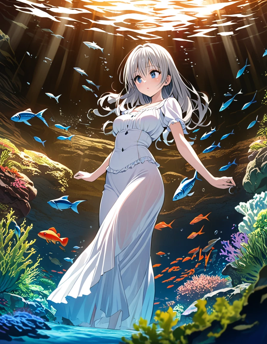 masterpiece, high quality illustration, 16k resolution, detailed, delicate, manga style, Kentaro Yabuki inspired, aquarium date, large tanks, clear water, vibrant fish, swimming near glass, serene underwater scene, silver-haired girl, fine strands,  frame, elegant posture, modest blouse, long skirt, slim waist, graceful curves, smooth white skin, captivating eyes, intricate facial features, delicate lips, gentle expression, amazement, joy, gazing at fish, third-person perspective, enchanting atmosphere, artistic depth, subtle lighting, glass reflections, soft ambient light, mesmerizing scene, immersive background, emotional depth