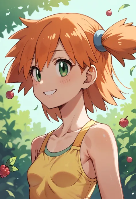 misty_pokemon , berry short,orange hair, one side up hair ,big green eyes,small breasts,skinny , soft skin, akane's style. nice ...