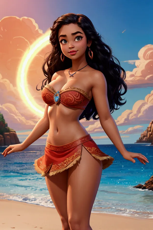 disney princesses moana ultra definition 4k, provocative face, little miniskirt showing panties, low cut huge breasts, big legs ...