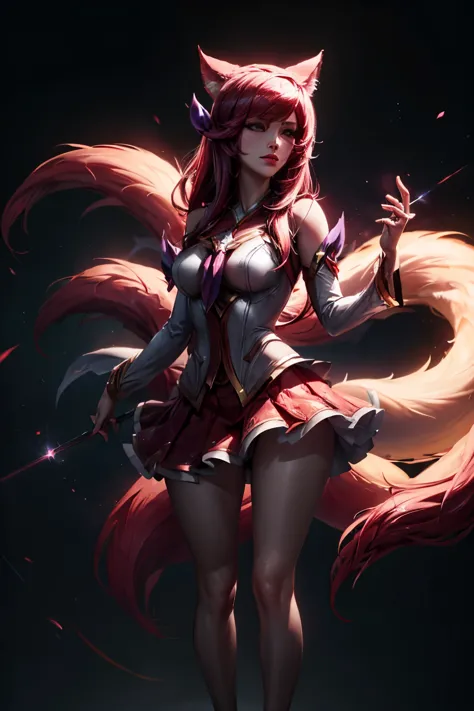 ahri league of legends, nine red tipped fox tails, standing, face detailed, star guardian costume, short skirt, fully body, supe...