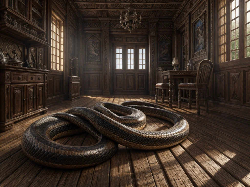 a large cobra coiled on the floor of an old house, detailed scales, intense eyes, fangs bared, midday sunlight streaming through dusty windows, dark wooden floorboards, (best quality,4k,8k,highres,masterpiece:1.2),ultra-detailed,(realistic,photorealistic,photo-realistic:1.37),dramatic lighting,cinematic composition,intricate details,moody atmosphere,high contrast